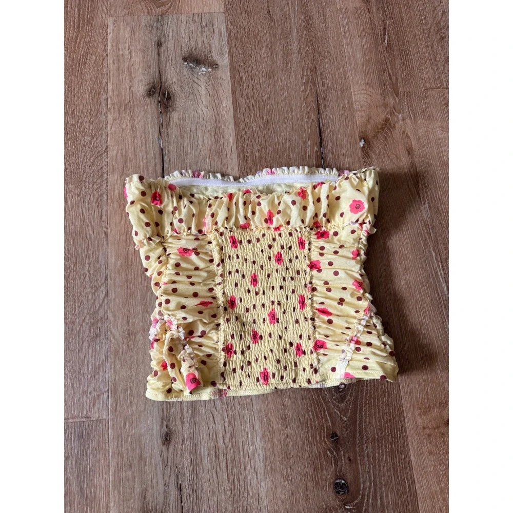 Free People Yellow Brown Pink Floral Polka Dot Ruched Tube Top  Size XS
